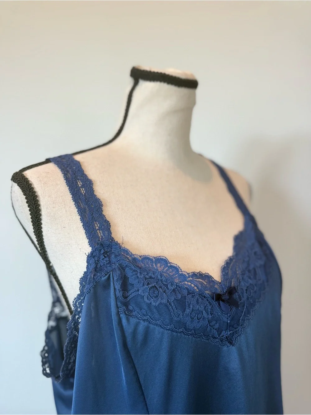 Vintage Sheer Elegance Blue Lace Trim Full Slip Nightgown USA Made Lingerie